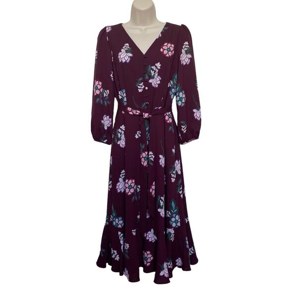 Talbots Crepe Fit & Flare Burgandy Floral Midi Dress Sz 4P NWT - Picture 9 of 9